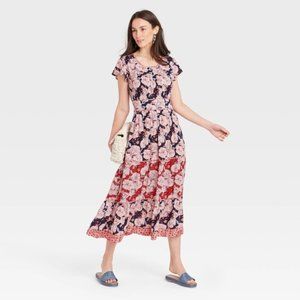 Women's Short Sleeve Shift Navy Floral Dress